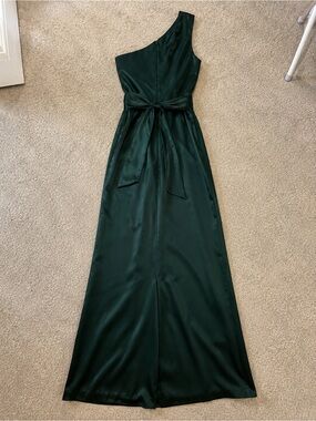 Cami NYC One-Shoulder Satin Gown in Deep Green with Waist Tie